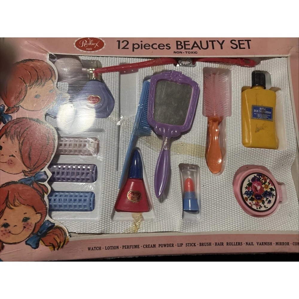 VTG Redbox 12 Pc Beauty Set Girls Pretend Play Vanity Toy 1960s 1970s New